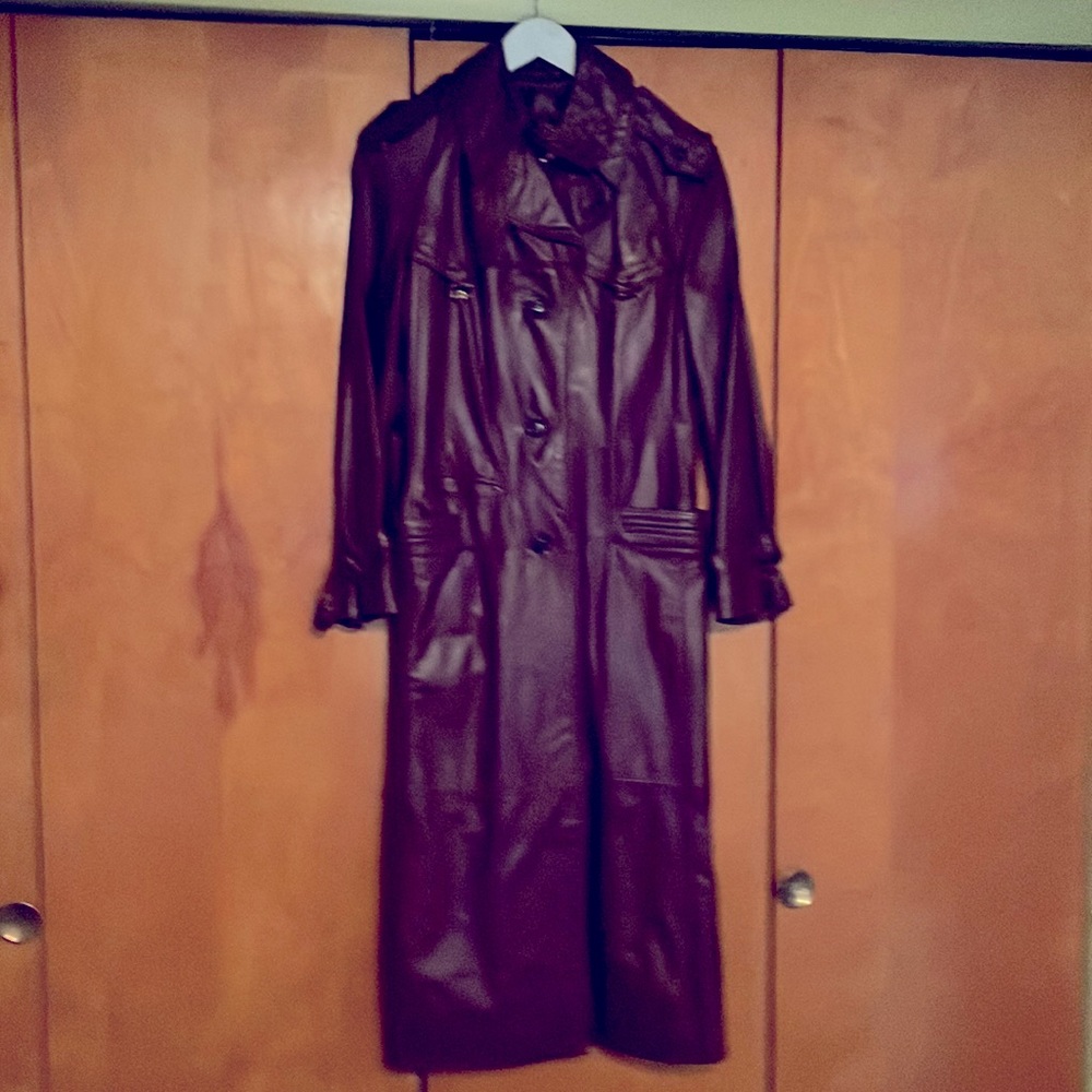 Vintage Etienne Aigner burgundy long leather coat